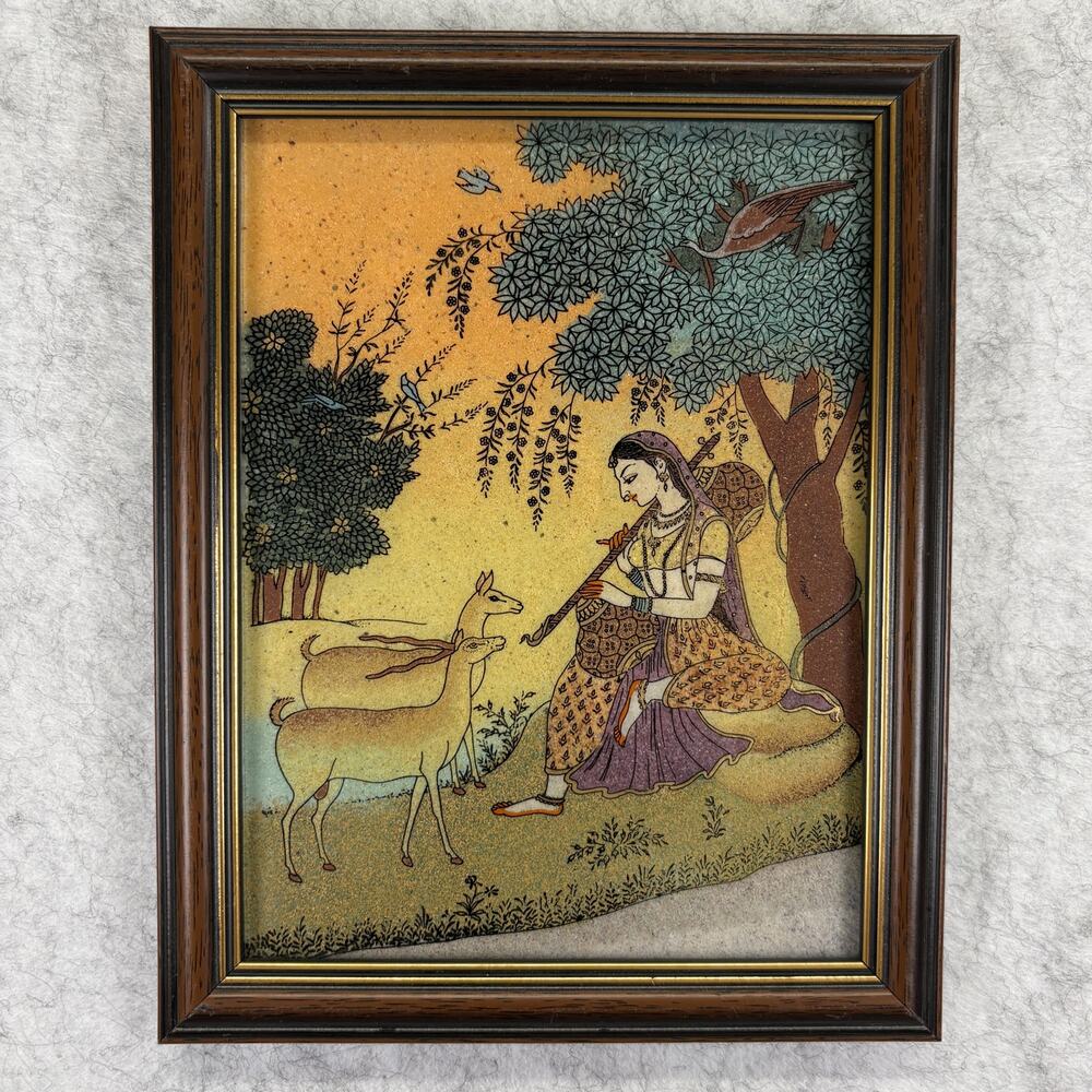 Rajasthani Crushed Gem Stone Art Lady with Deer Ragamala Series Framed 9x7